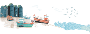Hasting Fishing Fleet by Sara Mulvanny. An illustration for Connect Arts and Wayfinding Project.