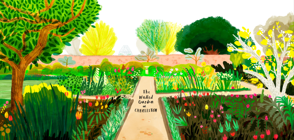 The Walled Garden at Charleston by Sarah Edmonds. An illustration for Connect Arts and Wayfinding Project.